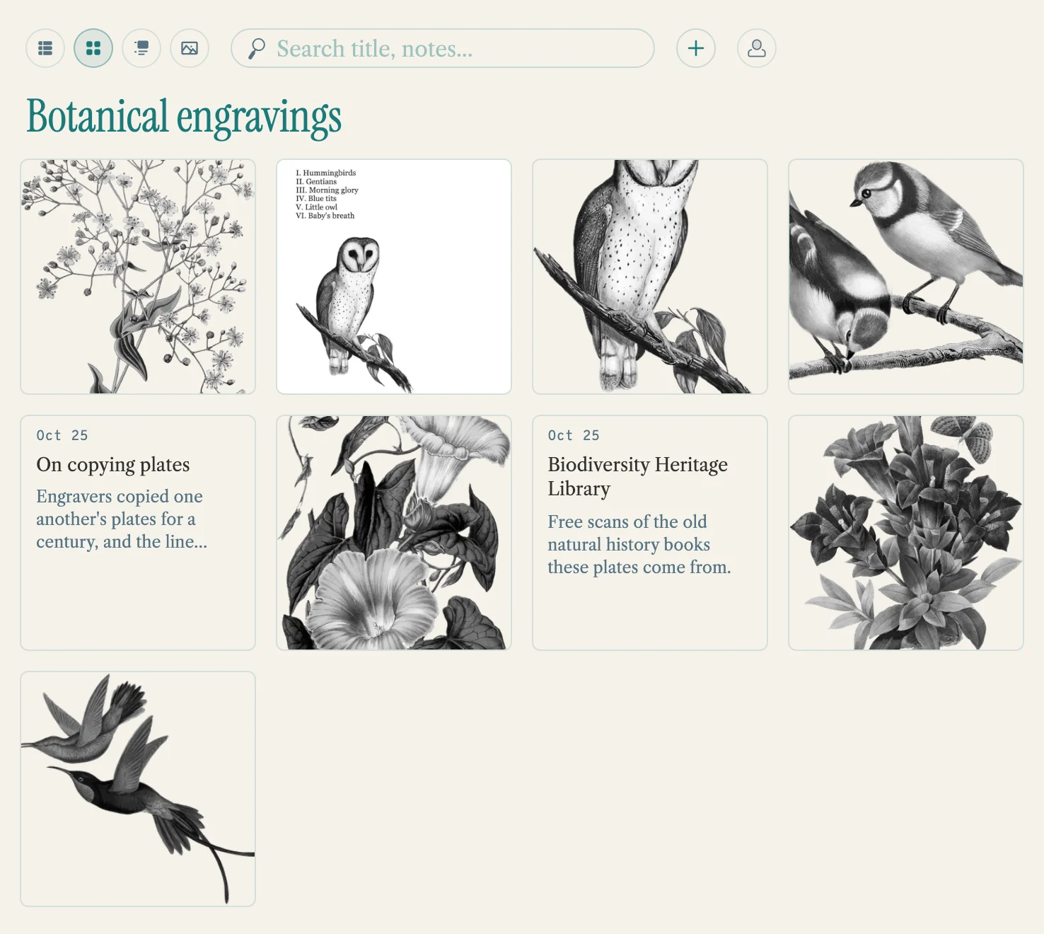 An imported Are.na channel as a Submerse pool in grid view: engraved plates, a PDF, a text block and a link.